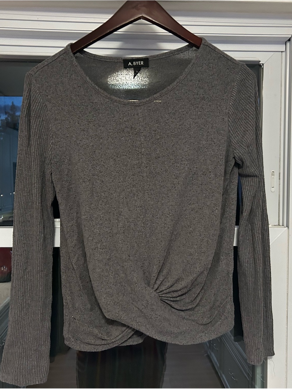 A. Byer Gray Long-Sleeve Twist Front Top Size Medium
